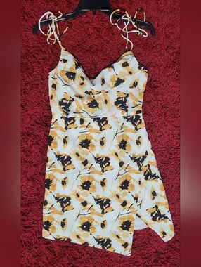 Here Comes The Sun Small Sleeveless Floral Cowl Neck Dress in Mustard & Black